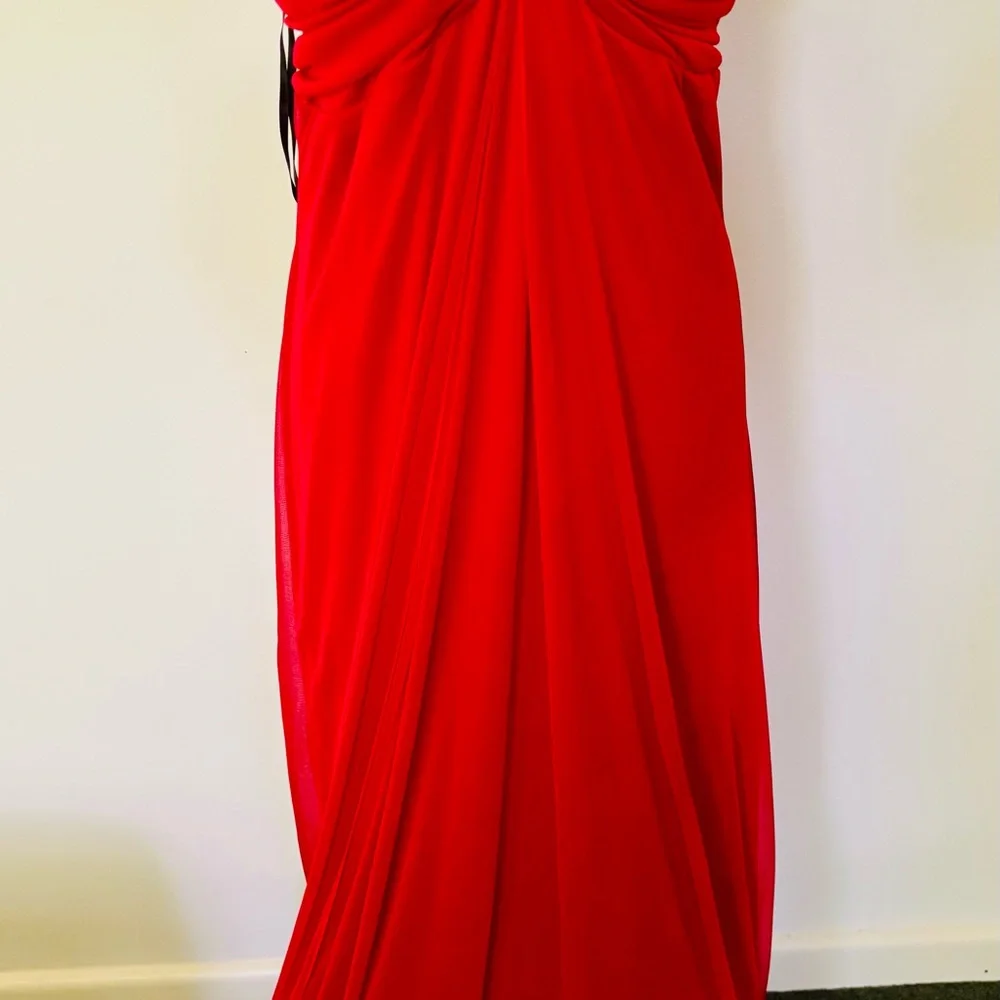 Vintage Y2K Cherry Red Maxi Halter Dress with Rhinestone Accents, Formal Gown - Picture 2 of 7